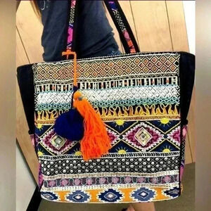 Large Hand Beaded Bright and Vibrant Colors Tote Bag BNWT
